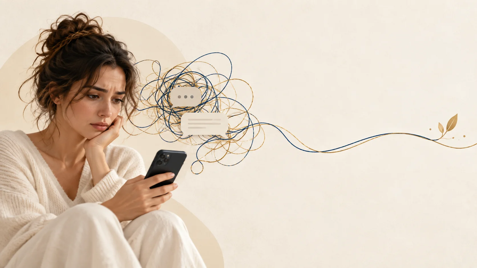 Mujer mirando el móvil y una representación visual del sobrepensamiento