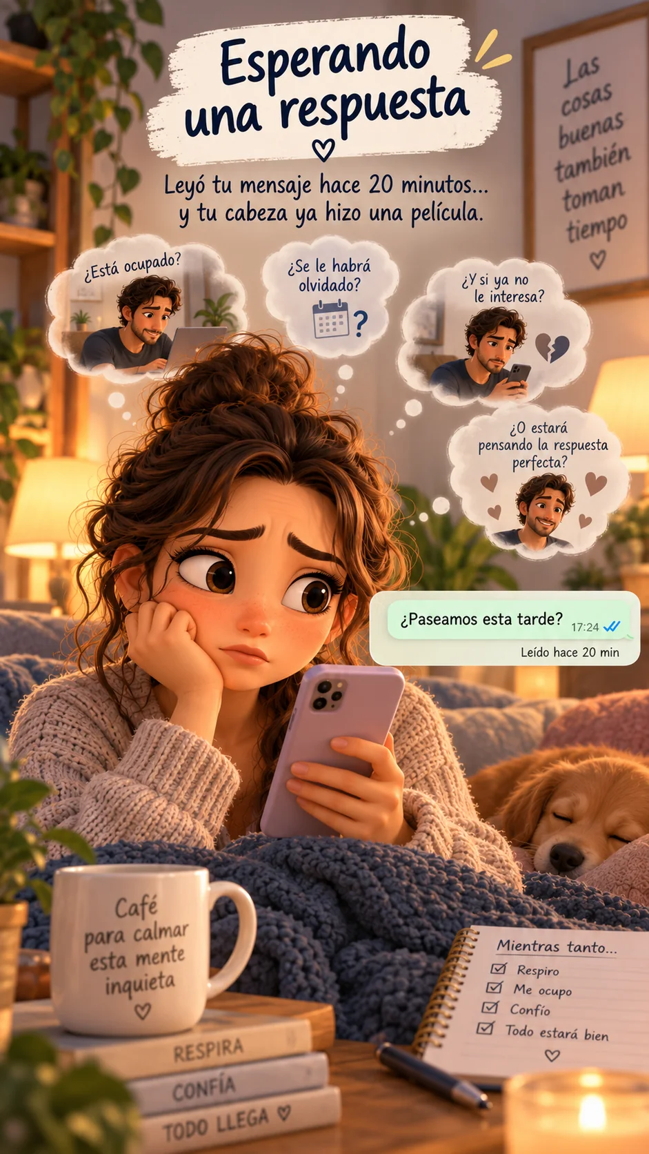 Marta esperando una respuesta en el móvil