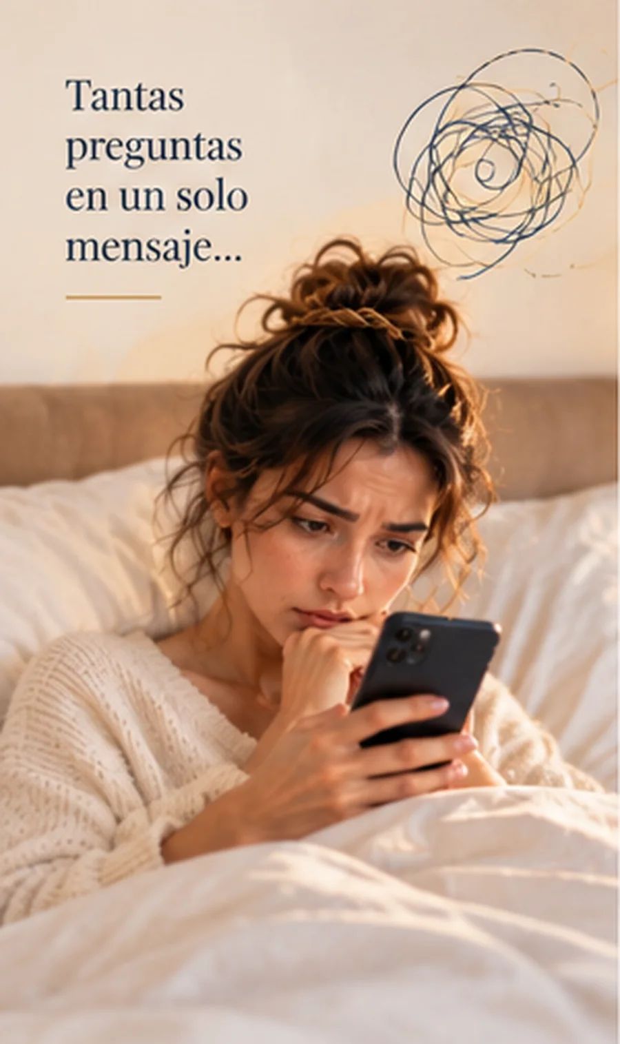 Mujer en la cama mirando el móvil con preocupación
